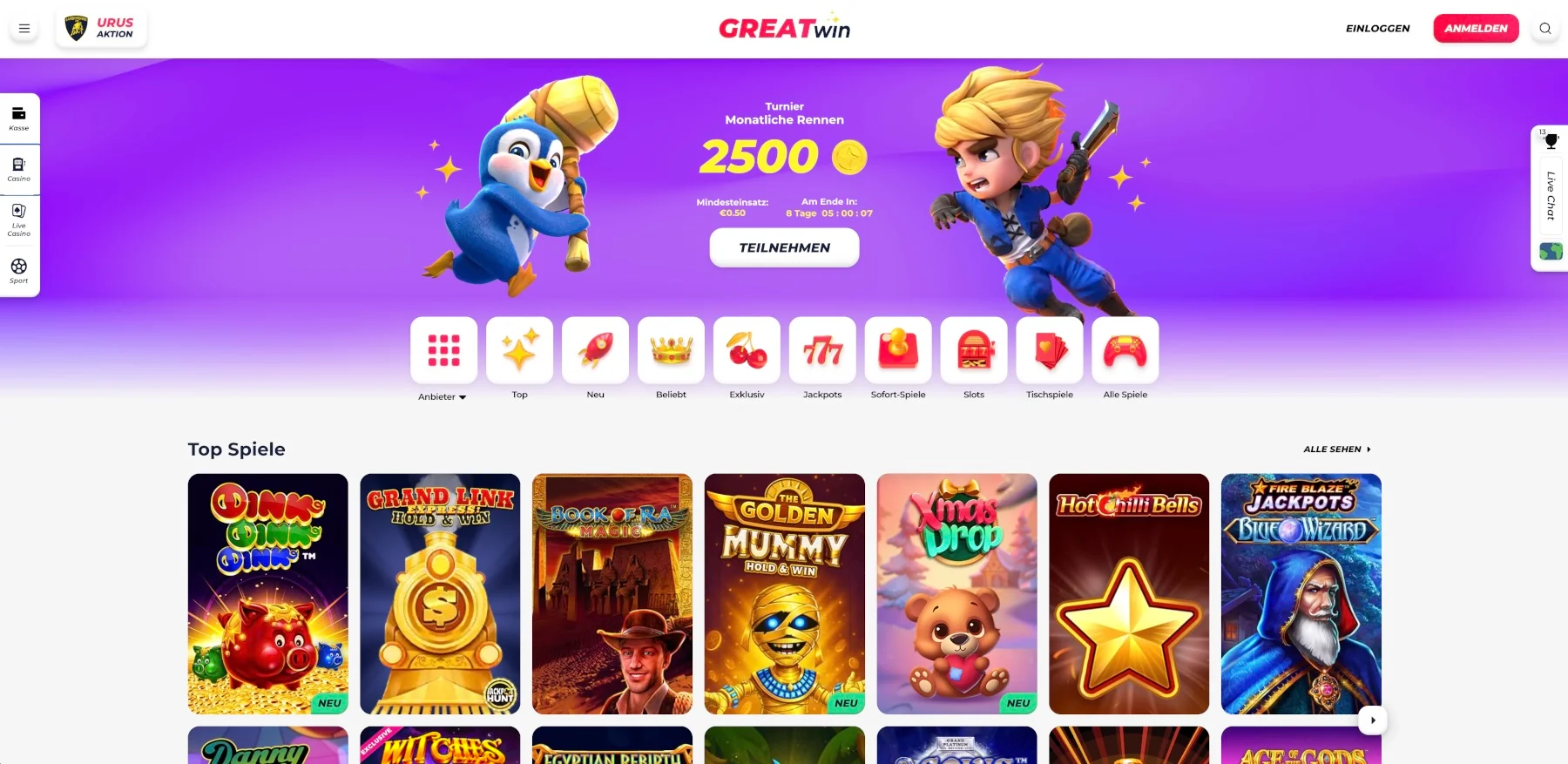 GreatWin Casino Lobby