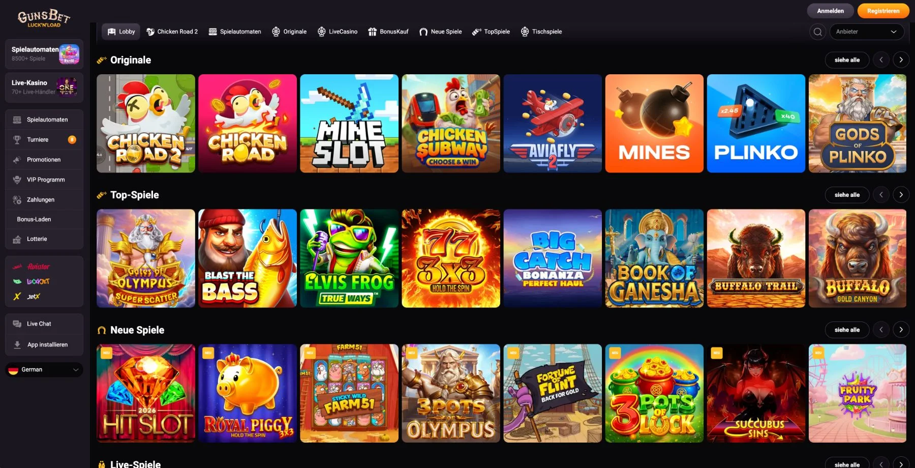 GunsBet Casino Lobby