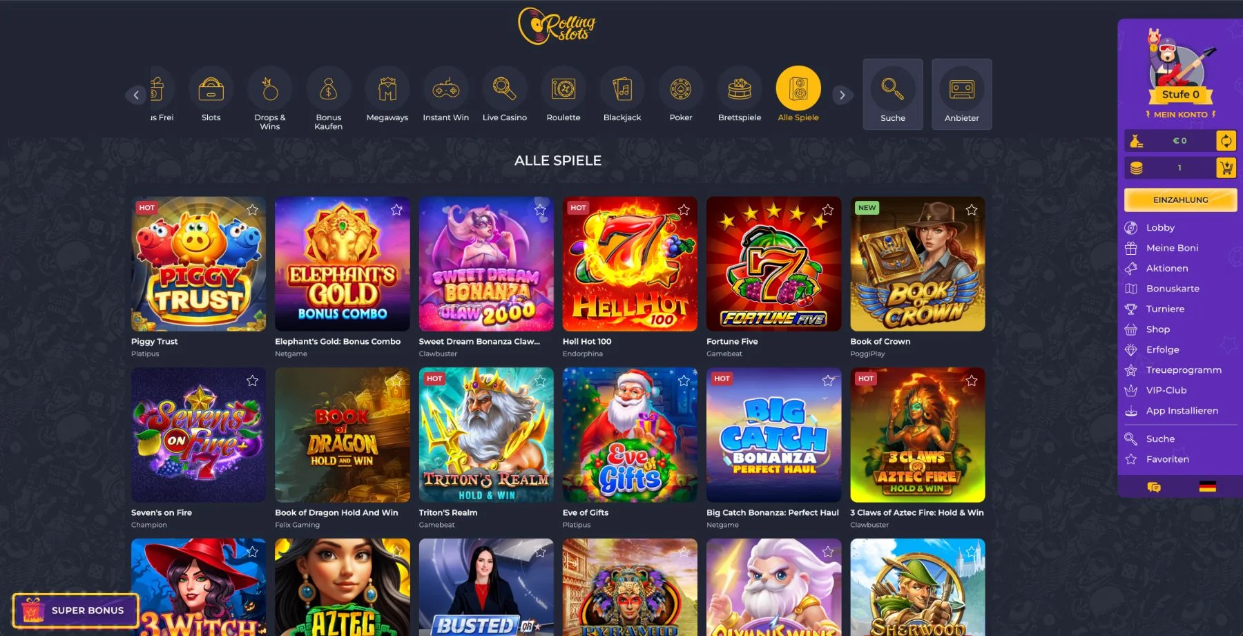 Rolling Slots Casino Alle Spiele