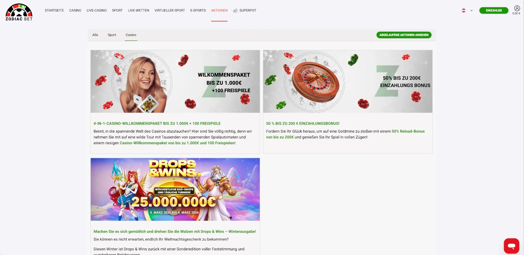 ZodiacBet Casino Aktionen